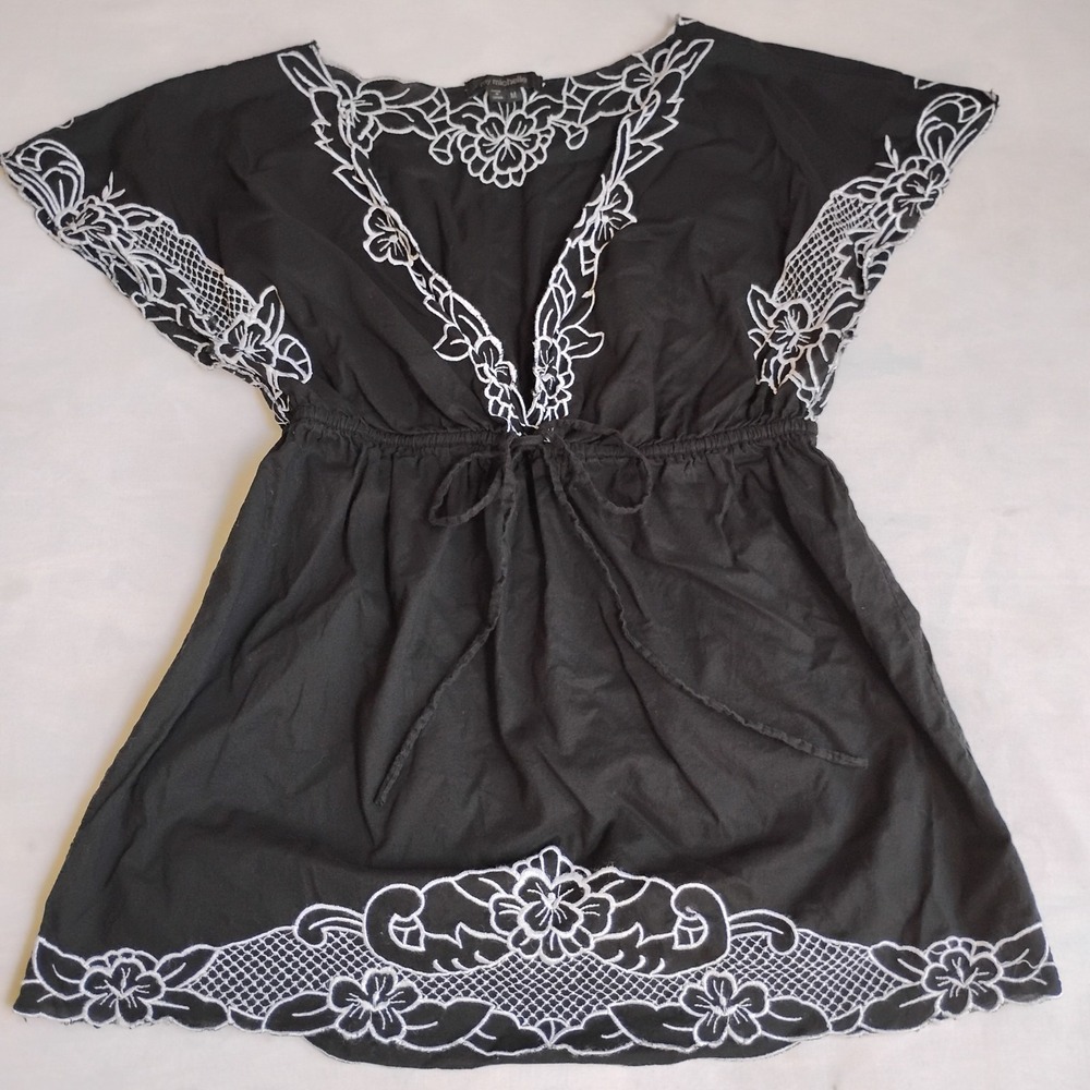 My Michelle Top Medium Babydoll Bow Embroidered Flutter Sleeve‎ Y2K Cotton